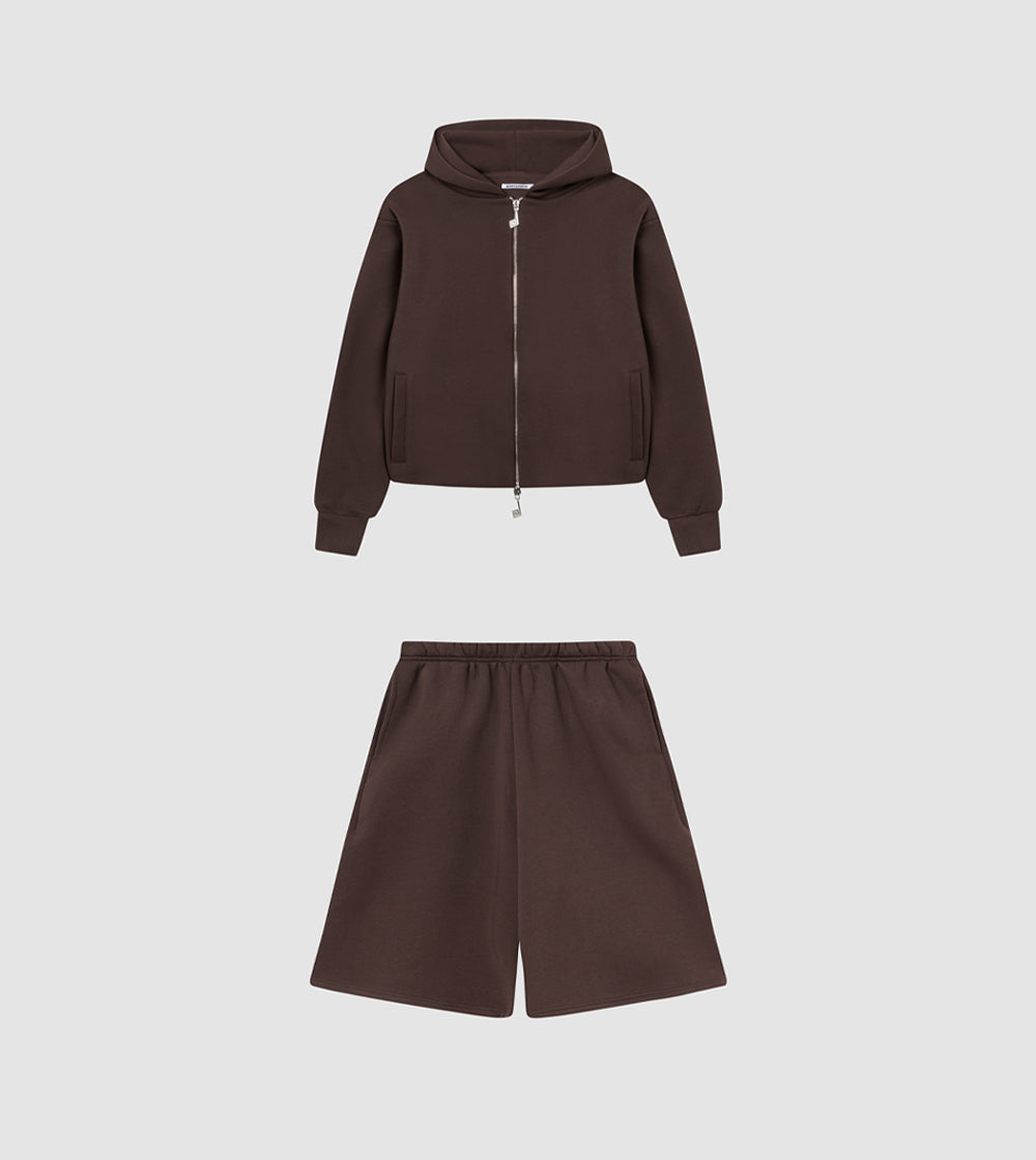 Zip Hoodie Shorts Tracksuit Mocca